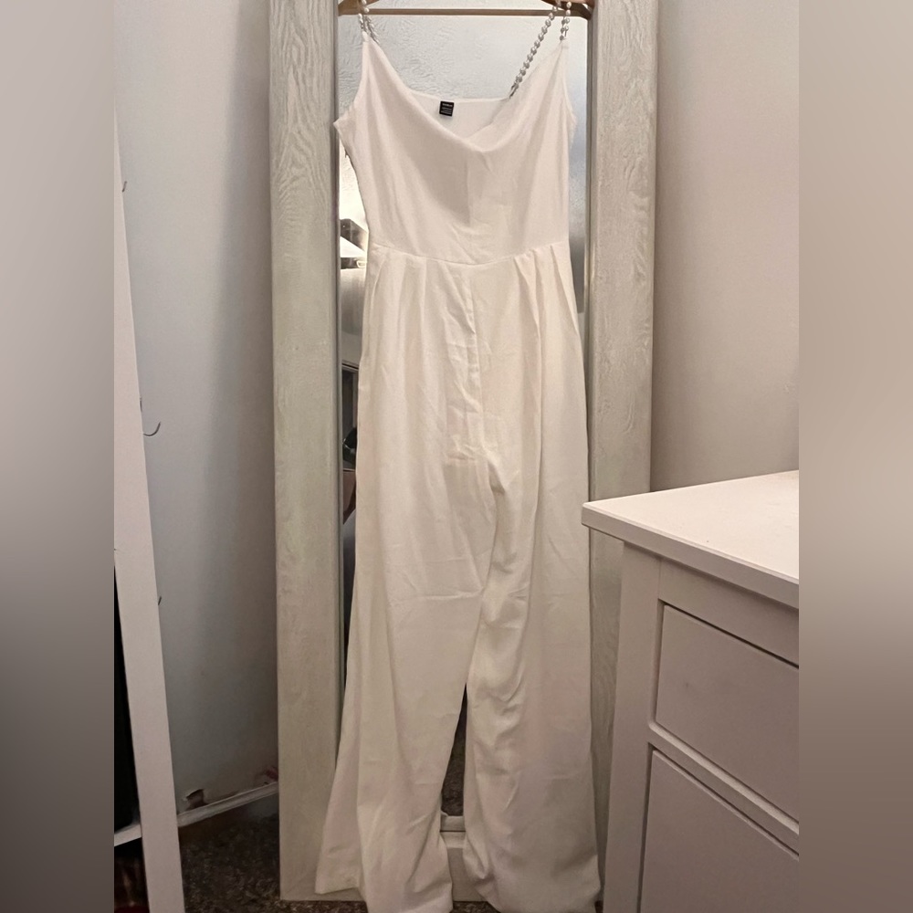 White jumpsuit from SHEIN, Pearl straps, good for wedding events, never worn